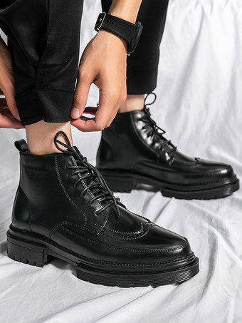 メンズドレスブーツ ウィングチップダービーブーツ - ラウンドトゥ チャンキーソール アンクルブーツ