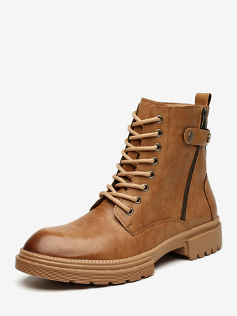 ブラウン メンズドレスブーツ ラウンドトゥ チャンキーソール ハイブリッド レースアップ サイドジッパー