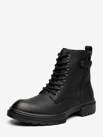 ブラック メンズドレスブーツ ラウンドトゥ チャンキーソール ハイブリッド レースアップ サイドジッパー