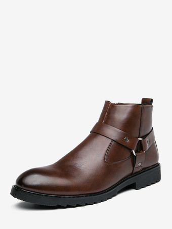 ブラウン メンズ アンクルブーツ つま先が光沢のあるサイドジップ ハーネス 滑り止め 防水シューズ