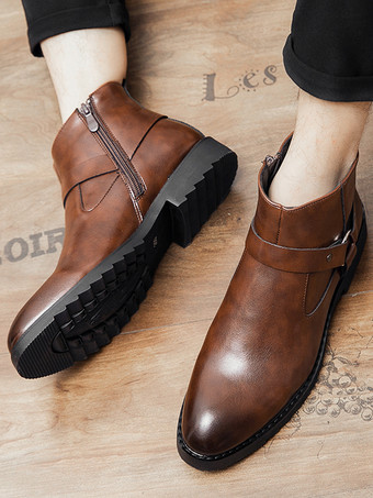 メンズ アンクルブーツ つま先が光沢のあるサイドジップ ハーネス 滑り止め 防水シューズ