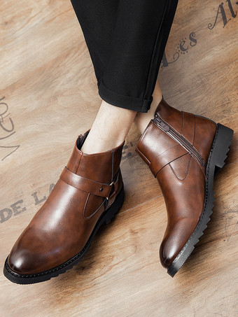 メンズ アンクルブーツ つま先が光沢のあるサイドジップ ハーネス 滑り止め 防水シューズ