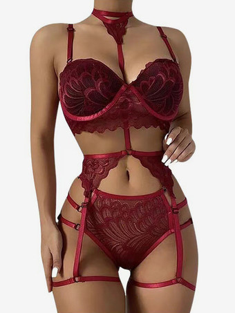 ワインレッド バックレスワイヤレスランジェリーレースアップレッド2ピースブラショーツセット