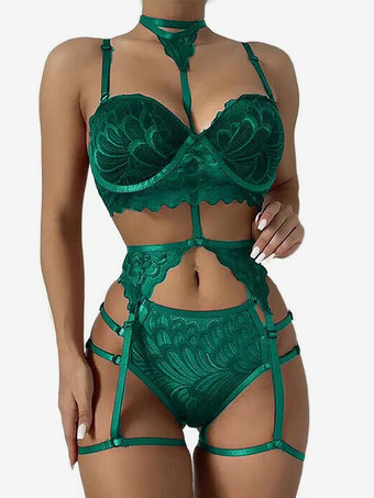 グリーン バックレスワイヤレスランジェリーレースアップレッド2ピースブラショーツセット