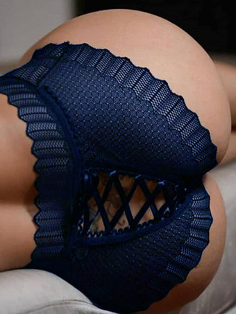 ブルー クロッチレスレースアップ屋内用シースルーブラックランジェリーレディースパンティー