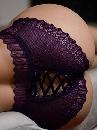 パープル クロッチレスレースアップ屋内用シースルーブラックランジェリーレディースパンティー