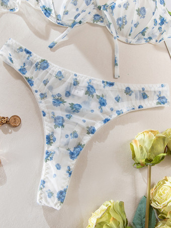 シースルーランジェリー シースルー レースアップ 花柄 ホワイト 2ピース ブラ＆ショーツセット