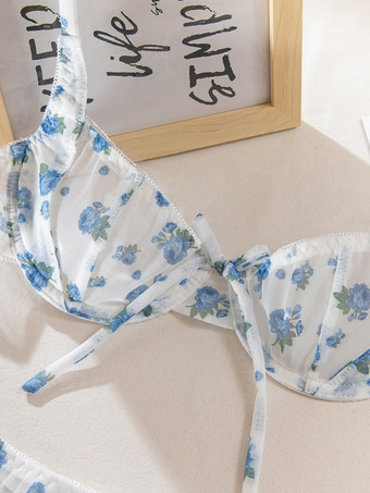 シースルーランジェリー シースルー レースアップ 花柄 ホワイト 2ピース ブラ＆ショーツセット