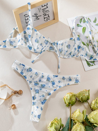 シースルーランジェリー シースルー レースアップ 花柄 ホワイト 2ピース ブラ＆ショーツセット