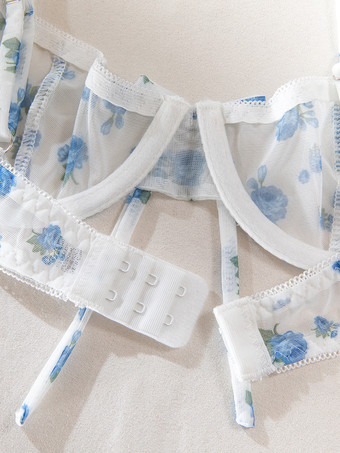 シースルーランジェリー シースルー レースアップ 花柄 ホワイト 2ピース ブラ＆ショーツセット