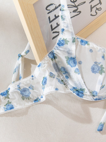 シースルーランジェリー シースルー レースアップ 花柄 ホワイト 2ピース ブラ＆ショーツセット