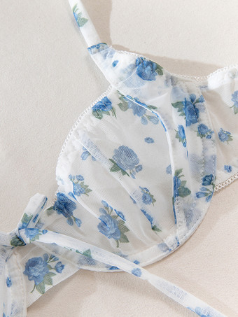 シースルーランジェリー シースルー レースアップ 花柄 ホワイト 2ピース ブラ＆ショーツセット