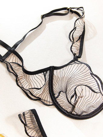 レースシースルーランジェリーアートワークブラック2ピースブラショーツセット