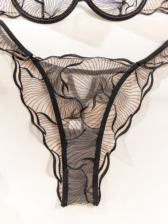 レースシースルーランジェリーアートワークブラック2ピースブラショーツセット