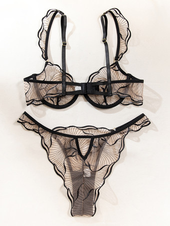 レースシースルーランジェリーアートワークブラック2ピースブラショーツセット