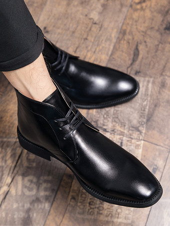 メンズ ポインテッドトゥ デザートブーツ ローヒール レザー レースアップ アンクルブーツ