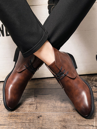 メンズ ポインテッドトゥ デザートブーツ ローヒール レザー レースアップ アンクルブーツ