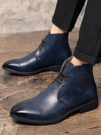 メンズ ポインテッドトゥ デザートブーツ ローヒール レザー レースアップ アンクルブーツ