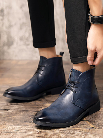 メンズ ポインテッドトゥ デザートブーツ ローヒール レザー レースアップ アンクルブーツ