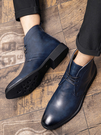 メンズ ポインテッドトゥ デザートブーツ ローヒール レザー レースアップ アンクルブーツ