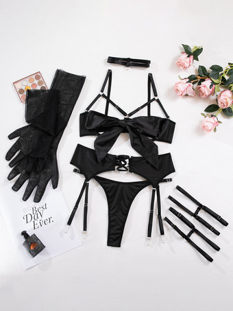 カップレスランジェリー レースアップ ブラック 3ピース ブラ＆パンティセット