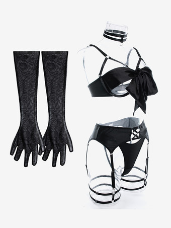 カップレスランジェリー レースアップ ブラック 3ピース ブラ＆パンティセット