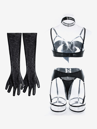 カップレスランジェリー レースアップ ブラック 3ピース ブラ＆パンティセット