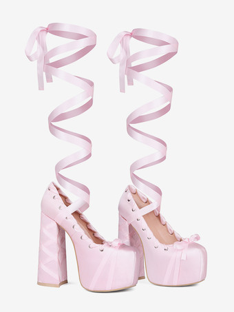 ピンクのハイヒールプラットフォームラウンドトゥロリータボウレースアップパンプス