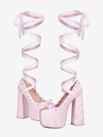 ピンクのハイヒールプラットフォームラウンドトゥロリータボウレースアップパンプス