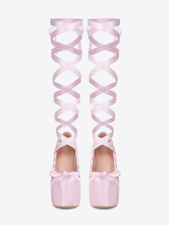 ピンクのハイヒールプラットフォームラウンドトゥロリータボウレースアップパンプス