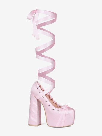 ピンクのハイヒールプラットフォームラウンドトゥロリータボウレースアップパンプス