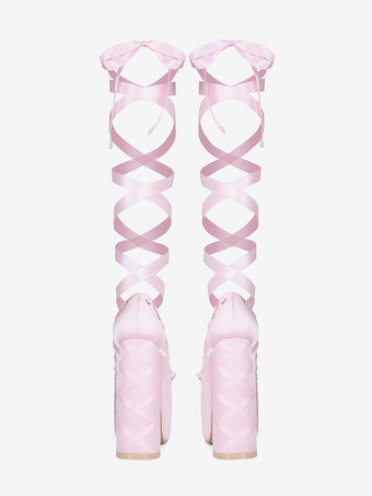 ピンクのハイヒールプラットフォームラウンドトゥロリータボウレースアップパンプス