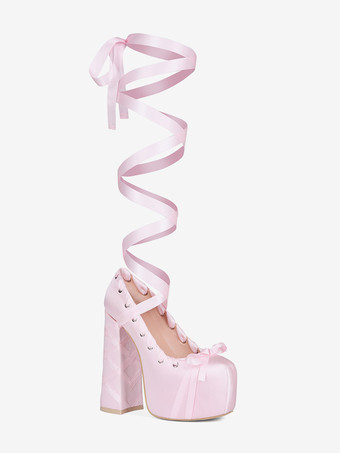 ピンクのハイヒールプラットフォームラウンドトゥロリータボウレースアップパンプス