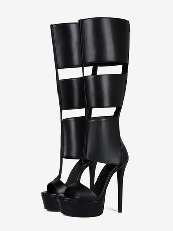 ブラックニーハイサンダルシューズプラットフォームオープントゥカットアウトユニセックスグラディエーターサンダル