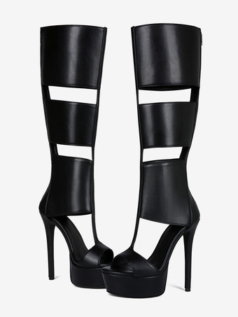 ブラックニーハイサンダルシューズプラットフォームオープントゥカットアウトユニセックスグラディエーターサンダル