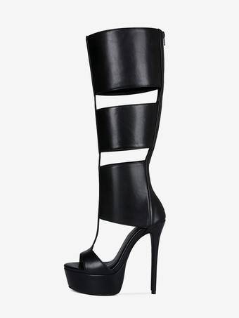 ブラックニーハイサンダルシューズプラットフォームオープントゥカットアウトユニセックスグラディエーターサンダル