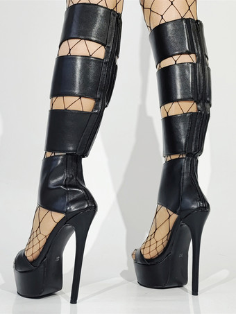 ブラックグラディエーターサンダル プラットフォーム オープントゥ カットアウト ハイヒールサンダル