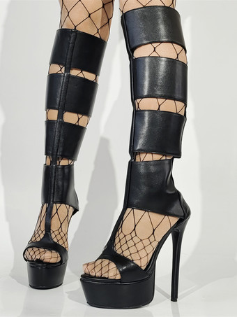 ブラックグラディエーターサンダル プラットフォーム オープントゥ カットアウト ハイヒールサンダル