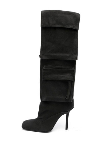 ブラック レディースニーハイブーツ デニム ポインテッドトゥ ポケット付き ハイヒールブーツ