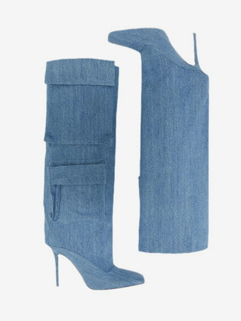 レディースニーハイブーツ デニム ポインテッドトゥ ポケット付き ハイヒールブーツ