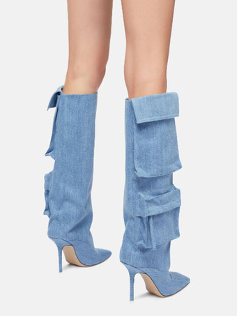 レディースニーハイブーツ デニム ポインテッドトゥ ポケット付き ハイヒールブーツ