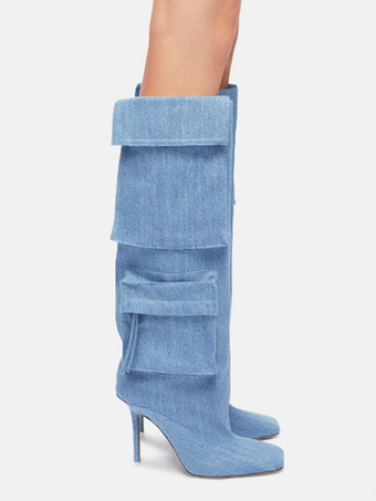 レディースニーハイブーツ デニム ポインテッドトゥ ポケット付き ハイヒールブーツ