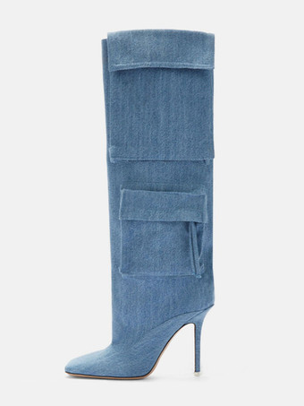 ブルー レディースニーハイブーツ デニム ポインテッドトゥ ポケット付き ハイヒールブーツ