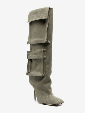 レディースニーハイブーツ デニム ポインテッドトゥ ポケット付き ハイヒールブーツ