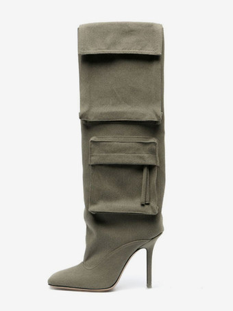 グレイレディースニーハイブーツ デニム ポインテッドトゥ ポケット付き ハイヒールブーツ