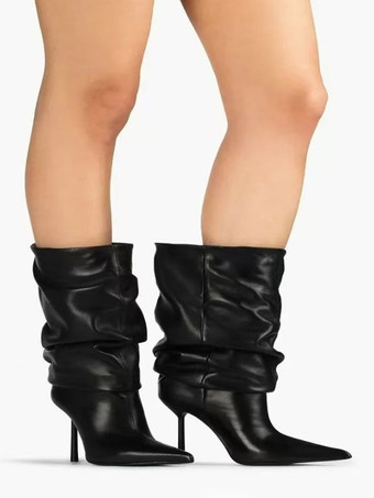 ブラックアンクルブーツ レディース ポインテッドトゥ ハイヒール スラウチブーツ