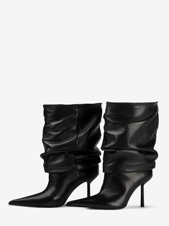 ブラック ブラックアンクルブーツ レディース ポインテッドトゥ ハイヒール スラウチブーツ