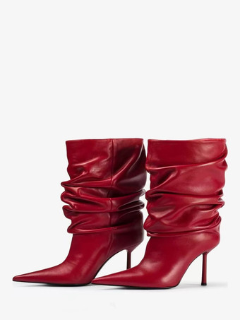 レッド ブラックアンクルブーツ レディース ポインテッドトゥ ハイヒール スラウチブーツ