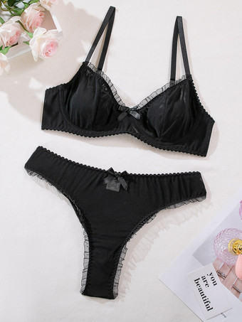2ピースランジェリー シースループリーツ ブラック ブラ＆ショーツセット