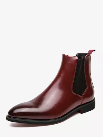 Mens Wine Red Chelsea Boots Pointed Toe Low Heel Elastic Ankle Boots Dress Casual Slip-On
